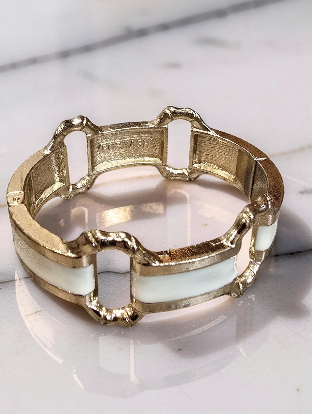 Fornash Meghan Gold White Enamel Hinged Bangle Bracelet